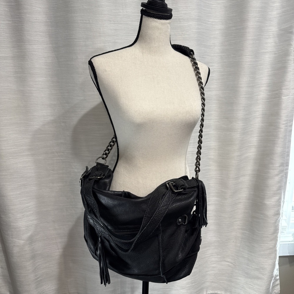 Cut n' Paste Leather Black TINA Slouch Purse Chain Duffle Tote Large Tassel